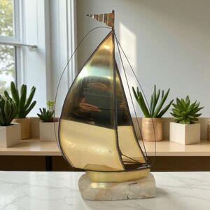 Nautical Brass Sailboat Sculpture With Stone Base Signed DeMott 17”T Vintage